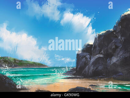 Belle plage naturelle en plein air d'été,illustration,peinture numérique Banque D'Images