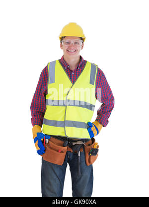 Smiling Young construction worker isolé sur fond blanc Banque D'Images