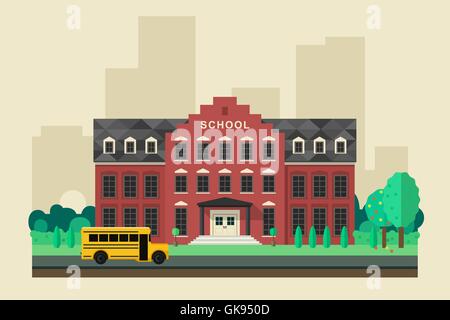 Bâtiment de l'école avec le bus jaune Illustration de Vecteur