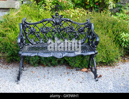 Banc de jardin en noir décoratif, Bush et fleurs à l'arrière-plan Banque D'Images
