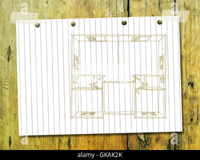 Sépia 2d Dessin croquis à main levée de l'intérieur d'accueil vide appartement sur feuille de papier rayé avec du ruban adhésif sur bois jaune Banque D'Images