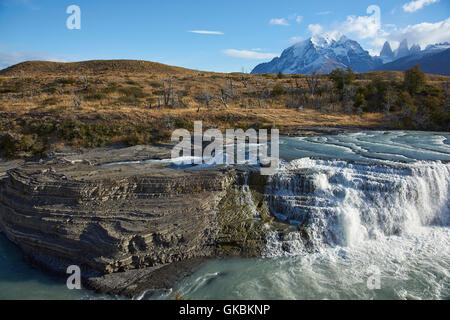 La cascade "Cascada Paine' sur la rivière Paine dans le Parc National Torres del Paine dans la région de Magallanes du sud du Chili. Banque D'Images