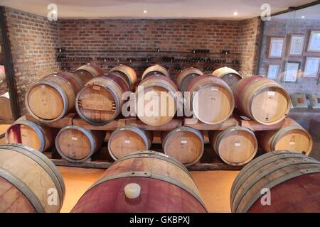 Des tonneaux de vin et quelques bouteilles de vin au Mont Destin vignoble près de Stellenbosch sont conservés au frais dans une cave à vin - Mars 2016 | Le monde d'utilisation Banque D'Images