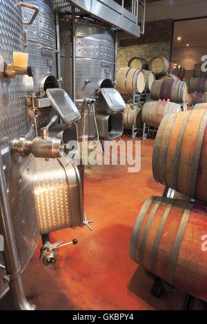 Des tonneaux de vin au Mont Destin vignoble près de Stellenbosch sont conservés au frais dans une cave à vin - Mars 2016 | Le monde d'utilisation Banque D'Images