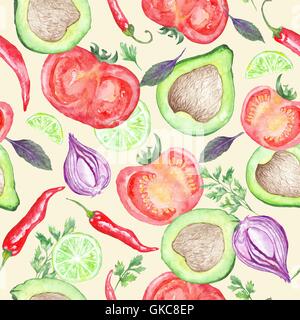 L'aquarelle transparente texture avec vegan aliments sains de la cuisine mexicaine sur fond blanc Banque D'Images