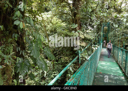 Les touristes marchant sur un pont couvert de la canopée Monteverde, ponts à pied, Monteverde, Costa Rica, Amérique Centrale Banque D'Images