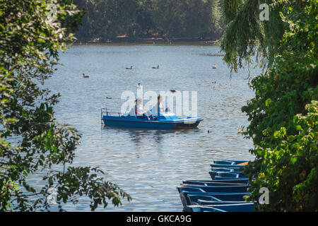 Les femmes voile de plaisance, vue sur les femmes qui dans un bateau bénéficiant d'un après-midi d'été sur le lac de plaisance de Regent's Park, Royaume-Uni. Banque D'Images