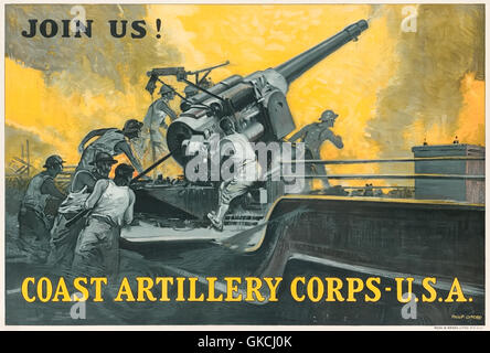 "Rejoignez-nous ! CORPS D'ARTILLERIE CÔTIÈRE USA" 1914-1918 La Première Guerre mondiale affiche de recrutement pour l'armée américaine Coast Artillery Corps (CAC), illustration par Philip Lyford (1887-1950). Voir la description pour plus d'informations. Banque D'Images