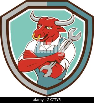 Clé de Mécanicien Bull Bouclier Permanent Cartoon Illustration de Vecteur