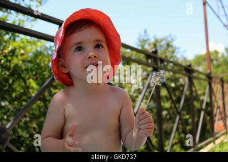 Summer Joy - lovely girl blowing dandelion. petit enfant dans le jardin de l'été. Banque D'Images