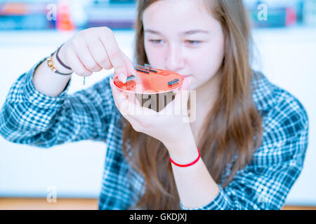 Technicien femme avec PCB plaque électronique in lab Banque D'Images