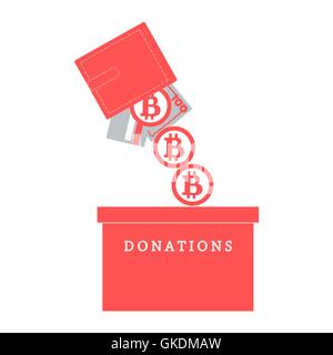 Icône stylisée appelant à faire un don. De portefeuille avec la carte, le projet de loi et se répandre dans le bitcoin bitcoins sur une boîte de dons Illustration de Vecteur