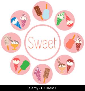 Belle photo d'un schéma de couleur avec différentes sortes de délicieuses glaces et d'inscription sur un fond blanc Illustration de Vecteur