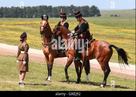 Sa Majesté la Reine, le capitaine-général du Régiment royal de l'Artillerie, assiste à un examen de l'Artillerie royale à l'occasion de leur tricentenaire à Knighton, Parkhill. Doté d''atmosphère : où : Salisbury, Royaume-Uni Quand : 26 mai 2016 Banque D'Images