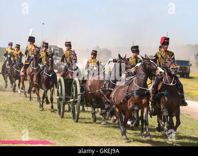 Sa Majesté la Reine, le capitaine-général du Régiment royal de l'Artillerie, assiste à un examen de l'Artillerie royale à l'occasion de leur tricentenaire à Knighton, Parkhill. Doté d''atmosphère : où : Salisbury, Royaume-Uni Quand : 26 mai 2016 Banque D'Images