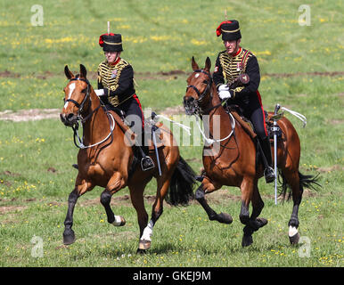 Sa Majesté la Reine, le capitaine-général du Régiment royal de l'Artillerie, assiste à un examen de l'Artillerie royale à l'occasion de leur tricentenaire à Knighton, Parkhill. Doté d''atmosphère : où : Salisbury, Royaume-Uni Quand : 26 mai 2016 Banque D'Images