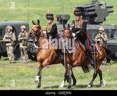 Sa Majesté la Reine, le capitaine-général du Régiment royal de l'Artillerie, assiste à un examen de l'Artillerie royale à l'occasion de leur tricentenaire à Knighton, Parkhill. Doté d''atmosphère : où : Salisbury, Royaume-Uni Quand : 26 mai 2016 Banque D'Images