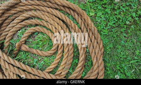 Corde marron enroulé dans l'herbe et le trèfle. Banque D'Images