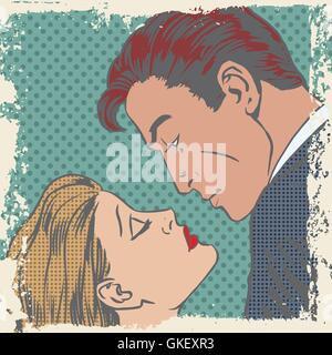 L'homme et la femme sur le point de baiser de pop art bande dessinée de demi-teinte style rétro Illustration de Vecteur