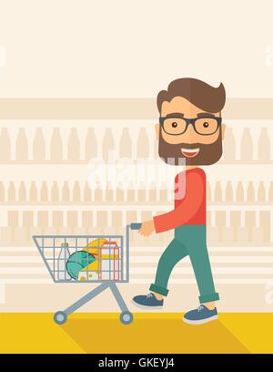 Shopper mâle poussant un panier. Illustration de Vecteur