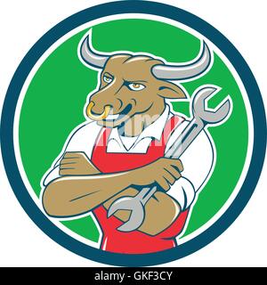 Clé de Mécanicien Bull cercle permanent Cartoon Illustration de Vecteur