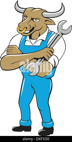 Clé de Mécanicien Bull Cartoon Permanent Illustration de Vecteur