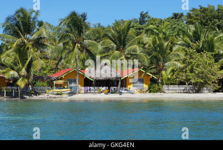 Waterfront hostel on tropical beach avec cocotiers, l'île de Carenero, Bocas del Toro, Caraïbes, Amérique centrale, Panama Banque D'Images