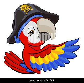 Oiseau perroquet Cartoon character mascot dans un chapeau pirate peeking autour d'un signe et pointant avec une aile Banque D'Images