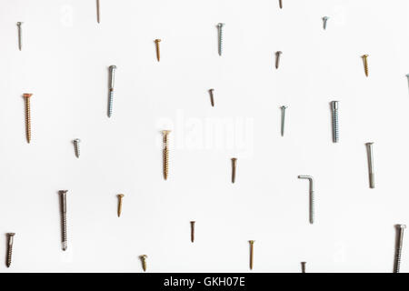 Des vis à bois et des vis autotaraudeuses organisé sur fond blanc Banque D'Images
