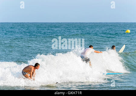 Trois surfeurs de circonscription ou d'essayer d'attraper une vague avec leurs planches, dans la plage de Castellon de la Plana (Espagne) Banque D'Images