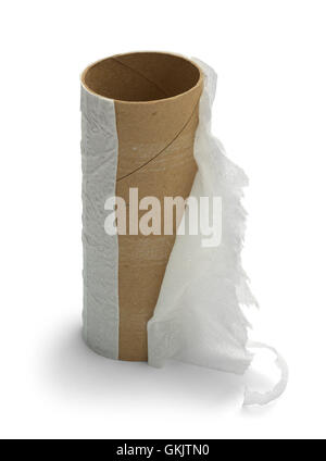 Rouleau de papier toilettes tous utilisés isolé sur fond blanc. Banque D'Images
