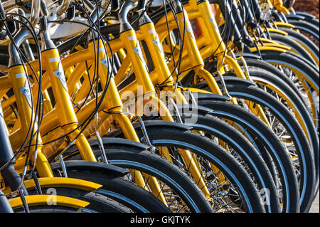 Service de location de vélos jaunes alignés sur un trottoir du centre-ville de Columbus, Géorgie. Magnifique (Usa) Banque D'Images