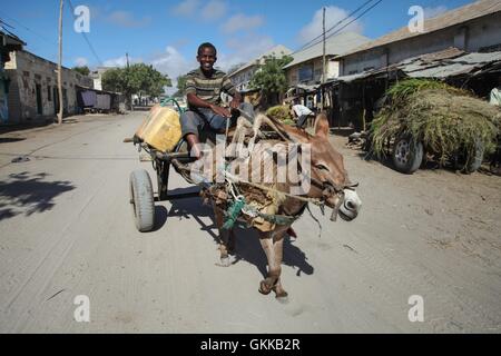 La SOMALIE, Kismayo : Dans un photogaph prises le 12 octobre 2013 et publiée par l'Union africaine et l'équipe de support d'information des Nations Unies 15 octobre, un homme monte un chariot de l'âne dans la rue lors d'une patrouille de soldats kenyans servant avec la Mission de l'Union africaine en Somalie (AMISOM) dans le sud de la ville portuaire de Kismayo en Somalie. 16 octobre marque deux ans depuis la première force de défense du Kenya sont intervenues en Somalie dans le cadre de l'opération Linda Nchi - Opération sens protéger le pays en Kiswahili - à la suite d'une série d'enlèvements et d'attaques transfrontalières le long de la frontière entre par l'aff à al-Qaïda Banque D'Images