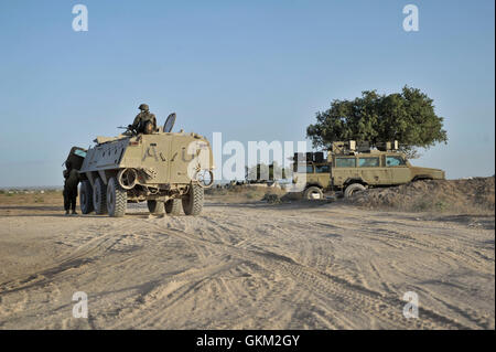 Les troupes ougandaises se rassemblent devant une avance sur plusieurs villes contrôlées par Al Shabab, le 12 février. Les troupes ougandaises, dans le cadre de la Mission de l'Union africaine en Somalie (AMISOM), avancé avec des troupes de l'armée nationale somalienne (SNA) sur trois villes dans la région du Bas-Shabelle de Somalie dans une opération baptisée 'Boot sur le terrain" le 14 février. Les trois villes, Janaale Phirizy Aw, et Barrire, est tombé aux forces alliées avec peu de résistance du groupe terroriste Al Shabab. PHOTO ONU / UA IST TOBIN JONES Banque D'Images