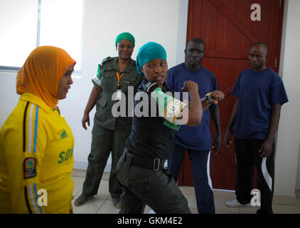 La Somalie, Mogadiscio : Dans une photographie prise et a publié 11 septembre 2013 par l'Union africaine et l'équipe de support d'information des Nations Unies, les femmes membres de Mogadiscio au cours de la pratique d'équipes de surveillance de quartier d'un programme de formation conçu par la Mission de l'Union africaine en Somalie (AMISOM) pour enseigner les pratiques et techniques d'auto-défense pour les femmes. 20 stagiaires issus de camps pour les personnes déplacées dans la région du Moyen-Shabelle et Banadir ont appris les compétences de défense personnelle et donné des conseils sur quoi faire en cas d'attaque. En plus de permettre aux femmes de se protéger, l'AMISOM est également wo Banque D'Images