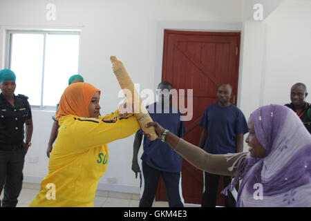 La Somalie, Mogadiscio : Dans une photographie prise et a publié 11 septembre 2013 par l'Union africaine et l'équipe de support d'information des Nations Unies, les femmes membres de Mogadiscio au cours de la pratique d'équipes de surveillance de quartier d'un programme de formation conçu par la Mission de l'Union africaine en Somalie (AMISOM) pour enseigner les pratiques et techniques d'auto-défense pour les femmes. 20 stagiaires issus de camps pour les personnes déplacées dans la région du Moyen-Shabelle et Banadir ont appris les compétences de défense personnelle et donné des conseils sur quoi faire en cas d'attaque. En plus de permettre aux femmes de se protéger, l'AMISOM est également wo Banque D'Images