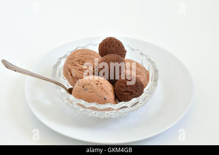 Boules de glace au chocolat et glace noisette dans un bol blanc, gros plan, macro, fond blanc, horizontal Banque D'Images
