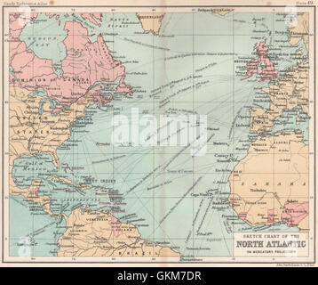 Tableau esquisse de l'Atlantique Nord. Les itinéraires de livraison. BARTHOLOMEW, 1904 Ancien site Banque D'Images