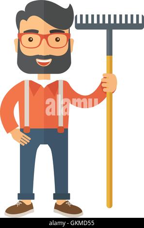 Homme avec une moustache holding rake. Illustration de Vecteur