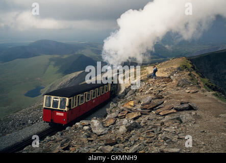 Une locomotive à vapeur alimentées au charbon (Ralph Sadler) et l'approche du chariot Summit Station, Snowdon Mountain Railway. Le Parc National de Snowdonia, Pays de Galles, Royaume-Uni Banque D'Images