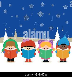 Des enfants chantent des chants de Noël. Groupe diversifié de chœur d'enfants chantent la nuit du réveillon de Noël. Illustration vectorielle Illustration de Vecteur