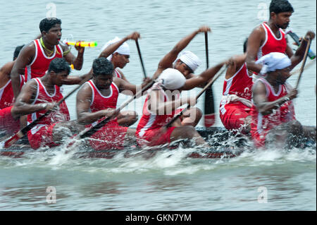 L'image du participant, l'aviron, Snake bateau en mouvement, Nehru boat race day, Allaepy Punnamda, Lac, Kerala Inde Banque D'Images