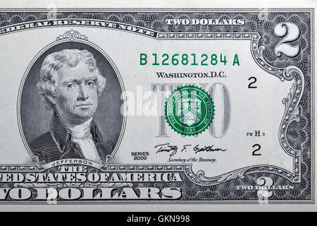 Portrait de la troisième Président des Etats-Unis, Thomas Jefferson sur deux billets dollar bill, avers. Banque D'Images