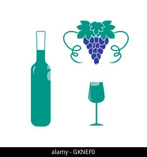 Icône stylisée de couleur d'une bouteille de vin, un verre de vin et de raisins sur un fond blanc Illustration de Vecteur