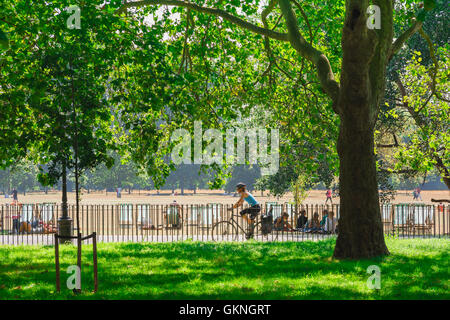 Cyclisme London Park, vue sur un après-midi d'été d'un cycliste à travers Hyde Park à Londres, Angleterre, Royaume-Uni, Banque D'Images