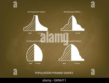 Population et démographie, Illustration Set de 4 types de pyramides des âges ou graphique graphique on Chalkboard Background Illustration de Vecteur