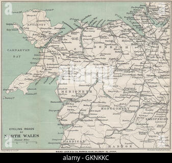 Les routes à vélo DU NORD DU PAYS DE GALLES. Snowdonia. WARD LOCK, 1906 carte antique Banque D'Images