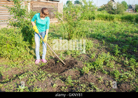 Belle jeune femme de pommes de terre à l'aide de germes de désherbage hoes outdoor le jour d'été Banque D'Images