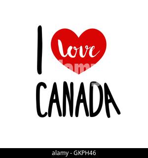 J'aime le Canada. Coeur rouge symbole patriotique simple fond blanc. Inscription calligraphique, lettrage, dessinés à la main, vector Illustration de Vecteur