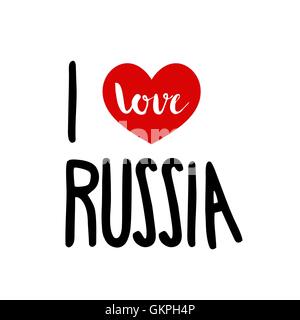 J'aime la Russie. Coeur rouge symbole patriotique simple fond blanc. Inscription calligraphique, lettrage, dessinés à la main, vector Illustration de Vecteur